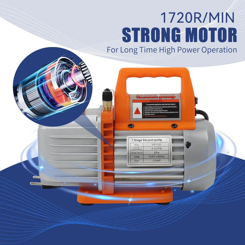 BACOENG 4.5CFM AC vacuum pump with gauge set, orange handle and gray metal body.