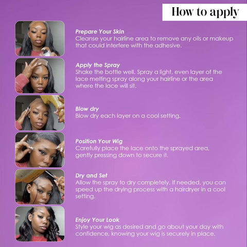 Steps to apply Lace Melting Spray For Wigs With Extra Hold No Residue Bond Adhesive Ashy Lace Eliminator with images