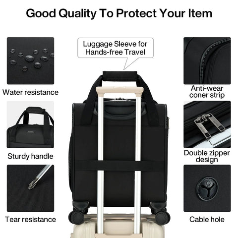 Black underseat carry-on luggage 16 inch showcasing features like water resistance, sturdy handle, tear resistance, and double zipper design.