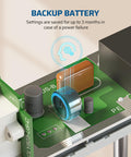 Indoor Programmable Digital Timer Outlet Plug Two Pack showing backup battery on circuit board for power failure protection.