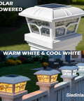 Solar Post Cap Lights For 4x4 5x5 6x6 Posts, 8 LED Outdoor Fence Deck Pathway Lights With Warm White And Cool White Modes displayed