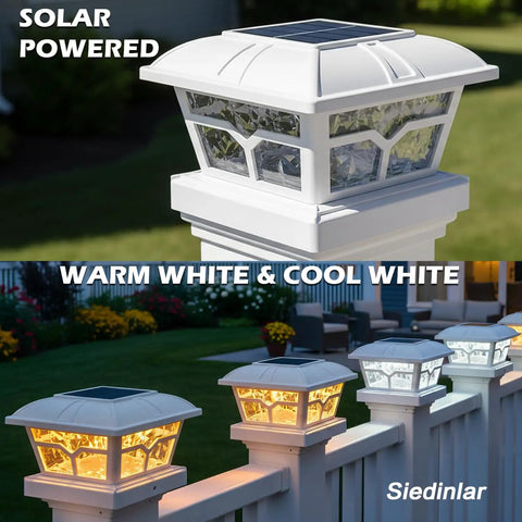 Solar Post Cap Lights For 4x4 5x5 6x6 Posts, 8 LED Outdoor Fence Deck Pathway Lights With Warm White And Cool White Modes displayed