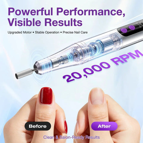 Cordless Electric Nail Drill For Acrylic Gel Dip Powder Polish With LED Display showing before and after nail results