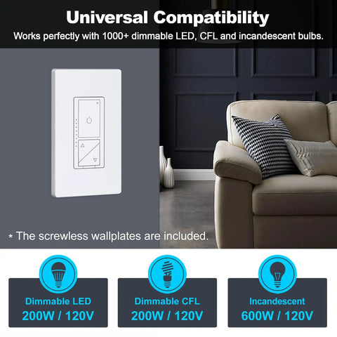Five Pack Ultra Slim Digital Dimmer Switch Kit with Screwless Wall Plate in modern living room setting, ETL listed.