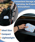 RAINLOS small first-aid kit in light blue with cute prints; compact, portable emergency kit shown on backpack and in car.