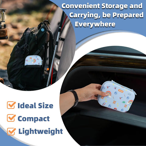 RAINLOS small first-aid kit in light blue with cute prints; compact, portable emergency kit shown on backpack and in car.