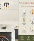 Three Light Dope Industrial Black Ceiling Light Fixture With Clear Seeded Glass Shades in modern kitchen setting