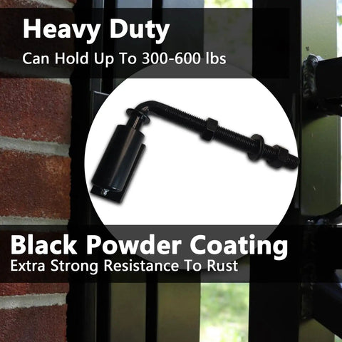 Beefy Heavy-Duty J-Bolt Gate Hinge Pair For Doors And Driveways Weld-On Steel Hinges With Ball Bearing Pivot For Large Iron Or Steel Gates Includes Bolts Nuts Washers 2 Pack black coated hinge shown on gate