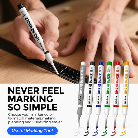 Kickass 44 Piece Carpentry Marking Kit With Heavy Duty Construction Pencils and Long Nib Markers on a wooden surface.
