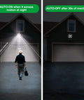 Dual view of Motion Sensor Outdoor Lights Battery Powered 600LM Security Spotlight illuminating a garage and turning off at night.
