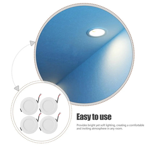Closeup of ROMISBABA 10 Pcs White LED Recessed Downlight Retrofit with Metal Housing mounted in a ceiling, illuminating softly.