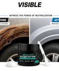 Auto Body Rust Repair Paste Kick Rust To The Curb Heavy Duty Metal Restoration Putty For Wheel Wells And Door Edges Black Protective Coating Diy Fix Kit With Brush Included before and after image of rust restoration on a vehicle.
