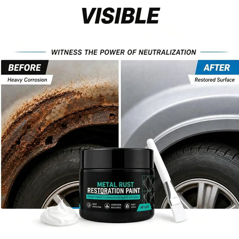 Auto Body Rust Repair Paste Kick Rust To The Curb Heavy Duty Metal Restoration Putty For Wheel Wells And Door Edges Black Protective Coating Diy Fix Kit With Brush Included before and after image of rust restoration on a vehicle.
