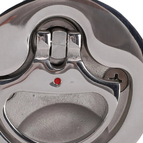 Boat cam latch, marine-grade stainless steel with red dot indicator, mounted on round hatch.