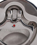 Boat cam latch, 316 stainless steel, red indicator dot, mounting screws (close-up)