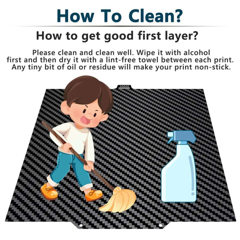 Illustration of cleaning instructions on the Dual Sided 280x280mm Build Plate For Qidi Q2 Series 3D Printers With Carbon Fiber Look