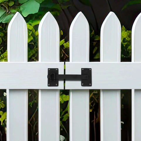 Black Iron Gate Flip Latch 12 Inch Large Heavy Duty Antique Two Sided Flip Locks on white fence