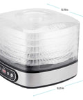 Heavy Duty 5 Tier Food Dehydrator Machine With 48 Hour Delay Timer, transparent trays, stainless steel base, compact design.