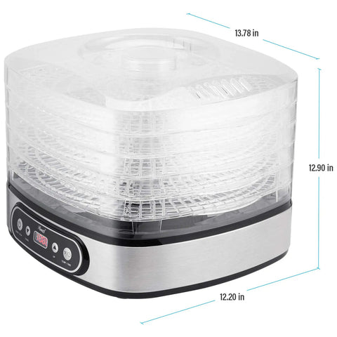 Heavy Duty 5 Tier Food Dehydrator Machine With 48 Hour Delay Timer, transparent trays, stainless steel base, compact design.