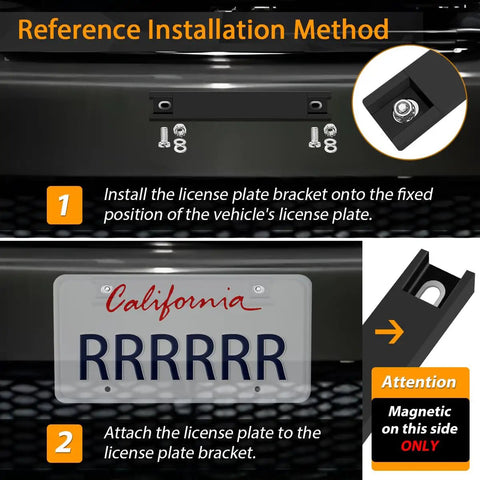 Installation guide for 2 Pack Premium Rubber Coated Magnetic License Plate Holder with screws and demo tag for vehicles