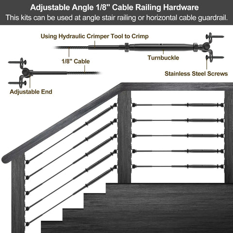 Diagram showing Ten Pair One Eighth Inch Black Cable Railing Kit With Swage Toggle Turnbuckle Hardware on a wood post railing.