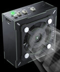 Rechargeable Solder Fume Extractor with Fast Cooling for Quick Smoke Removal, portable welding ventilator, close-up of controls.