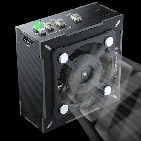 Rechargeable Solder Fume Extractor with Fast Cooling for Quick Smoke Removal, portable welding ventilator, close-up of controls.