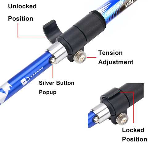 Go-To Ultralight Aluminum Collapsible Trekking Pole for Travel and Hiking, tension adjustment and locking mechanism close-up