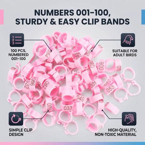 8mm Plastic Pigeon Leg Bands Rings With Numbers 001 To 100 In A 100 Count Bag Six Color Options For Easy Bird Identification