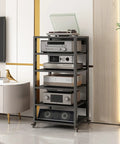 Top Shelf Corner TV Stand Heavy Duty Six Tier Wooden Entertainment Center With Adjustable Shelving For Gaming Setups And AV Gear, showcased in a modern living room.