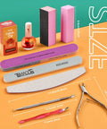 Pro Grade At Home Nail Care Kit With 3 Files And Buffers Cuticle Nipper Pusher Fork Rose Oil 15ml showcasing all components