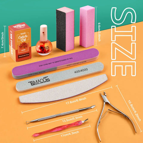 Pro Grade At Home Nail Care Kit With 3 Files And Buffers Cuticle Nipper Pusher Fork Rose Oil 15ml showcasing all components