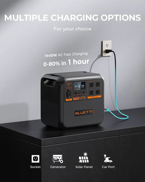 Portable Solar Generator Kit With 350W Panel, 1440Wh Power Station, 1800W Continuous Output showing charging options