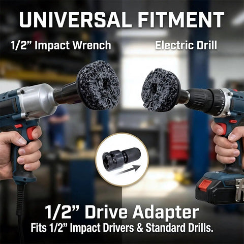 Wheel Hub And Stud Cleaning Tool Kit for Brake Jobs with 1/2in impact wrench and drill compatibility, rust removal discs shown.
