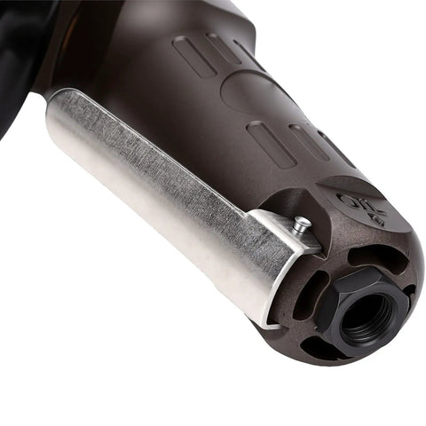 Close-up of Pneumatic Air Angle Grinder 110 Millimeter with secure safety shield and padded grip designed for durable performance in metal work.
