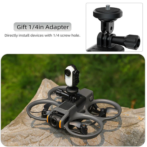 Expansion Bracket for Avata 2 FPV Drone with quarter inch adapter and mounted camera on rocky surface