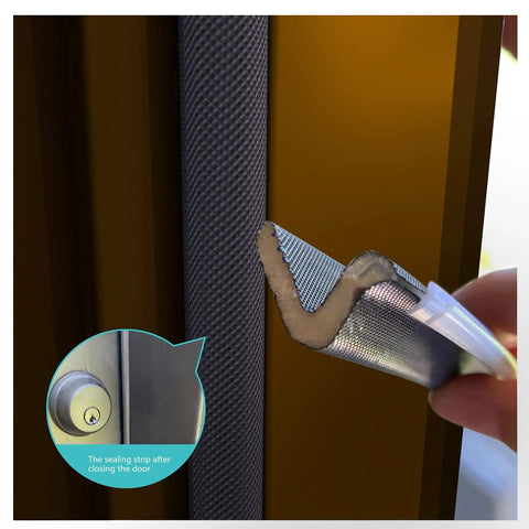 Close-up of heavy duty weather stripping seal for doors, 26 ft black foam tape, showing installation on kerf door frame.