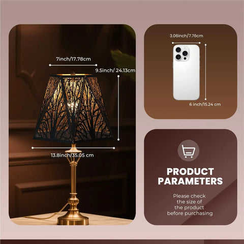Medium Modern Style Lamp Shades With Multiple Sides Tree Pattern Metal Spider Lampshade For Table Lamps And Floor Lights 7 Top Diameter 13 Point 8 Bottom Diameter 9 Point 5 Height Black Gold shown on table