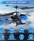Rugged 2.4G RC Helicopter With LED Lights For Indoor And Outdoor Flight, Vigilante Style Remote Control Toy in blue, floating in front of snowy mountains.