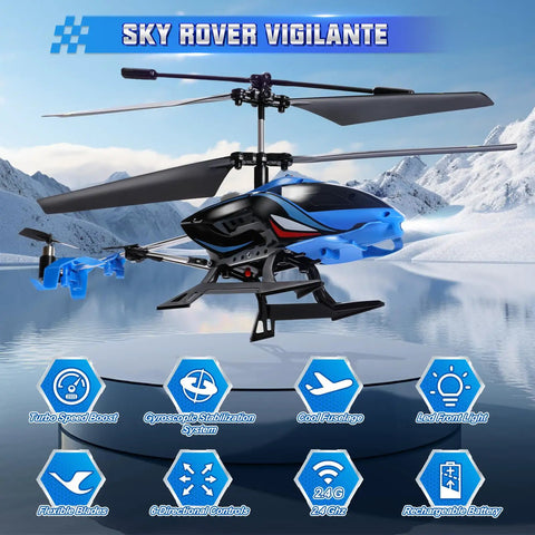 Rugged 2.4G RC Helicopter With LED Lights For Indoor And Outdoor Flight, Vigilante Style Remote Control Toy in blue, floating in front of snowy mountains.