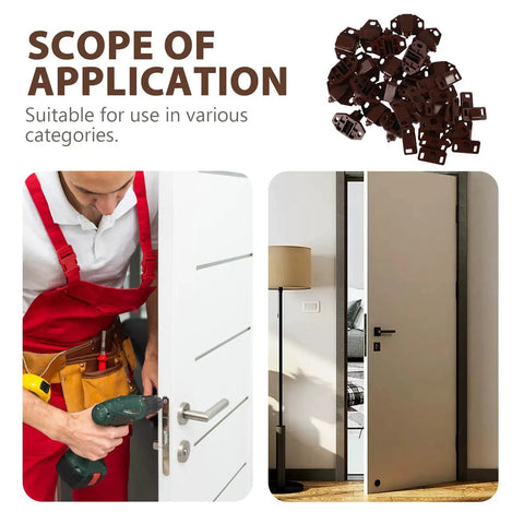 Man installing door with drill next to view of open door, showcasing 20 Pack Plastic Ball Catch Latches For Cabinets And Cupboards