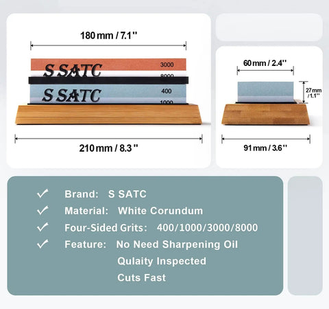 Knife Sharpening Stone Kit With 4-Side 400 1000 And 3000 8000 Grits on wood base, product dimensions shown