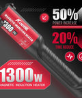 Beast Mode 1300W Magnetic Induction Heater with ergonomic non-slip grip and power increase indicators, handheld tool in red.