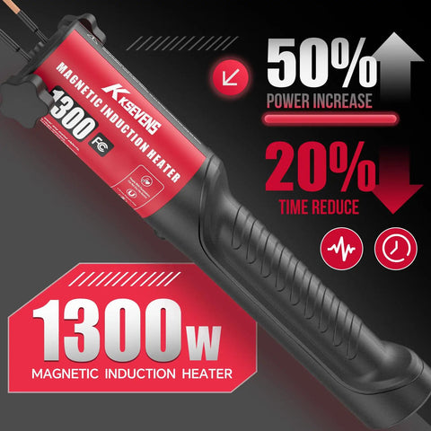 Beast Mode 1300W Magnetic Induction Heater with ergonomic non-slip grip and power increase indicators, handheld tool in red.