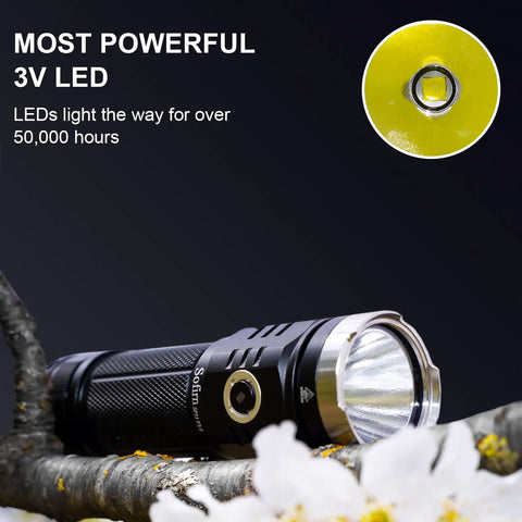 Close-up of Beast Mode 3500 Lumen USB C Rechargeable Flashlight with ultra bright LED light and waterproof build for outdoor use.