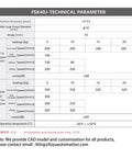FSK40J technical parameters, showing position accuracy, stroke, motor types, speed, load capacity, noise levels, and operating temperatures.