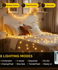 Bedroom illuminated by Globe String Lights With 49.2 Feet Total Length, 100 Warm White LEDs, 8 Remote Modes, IP44 Waterproof decor