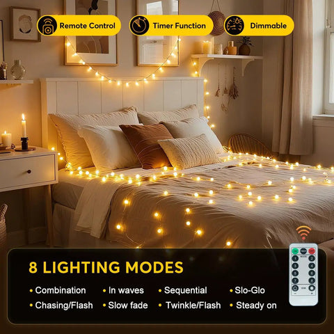 Bedroom illuminated by Globe String Lights With 49.2 Feet Total Length, 100 Warm White LEDs, 8 Remote Modes, IP44 Waterproof decor