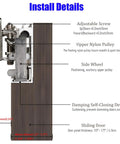 Concealed Wall Mount Sliding Barn Door Hardware Kit With Soft Close Mechanism Trackless Top Rail No Floor Track Modern Minimalist Look Durable Aluminum Alloy Fits Opening Width 27.6 to 47.2 Inches Door Not Included 1 Pack, installation detail showing adjustable screw, nylon pulley, side wheel, damping self-closing device.