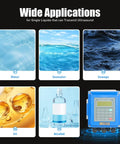 Wide applications of the No-Nonsense Digital Ultrasonic Flow Meter for water, seawater, sewage, oil, and alcohol detection.